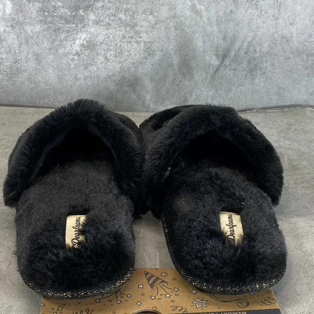 Dearfoams Women's Black Faux-Fur Memory Foam I do Crew Slide Slippers SZ XL - Picture 7 of 9